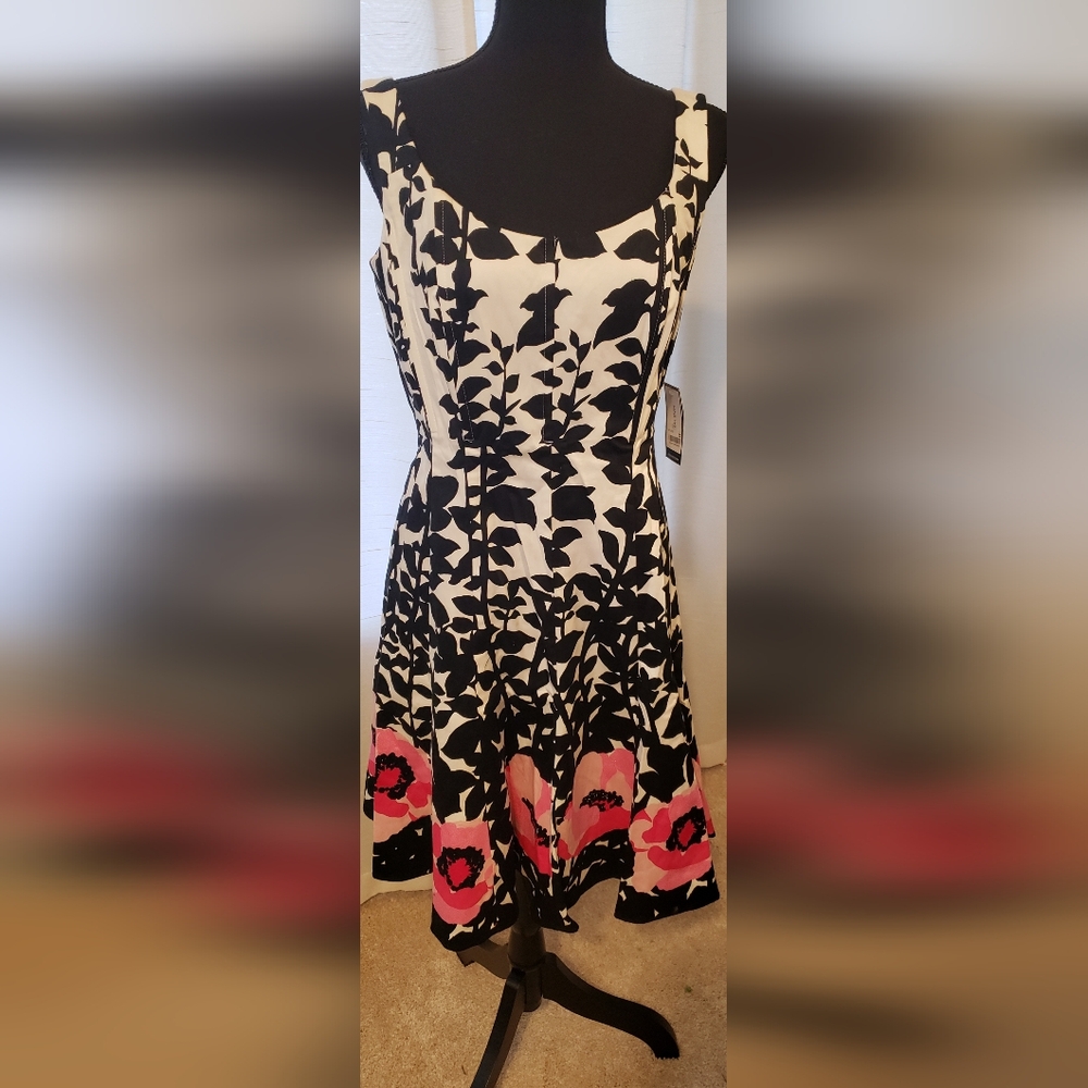 Nine West Black and White Sleeveless Dress with Pink Floral Design
